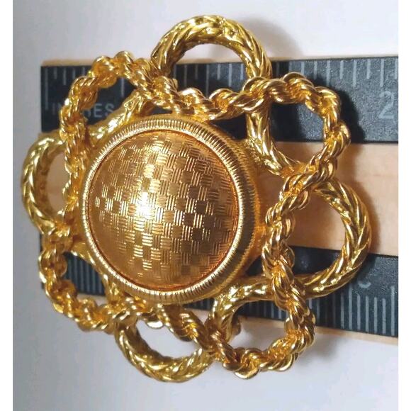 Monet Brooch Vintage Open Textured Goldtone Metal Work Round Dome Center 1980s - Picture 8 of 8